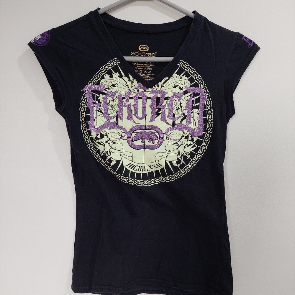 Ecko Red Black V-Neck Graphic T-Shirt, Purple Rhinestone Design, Y2K Style Sz S